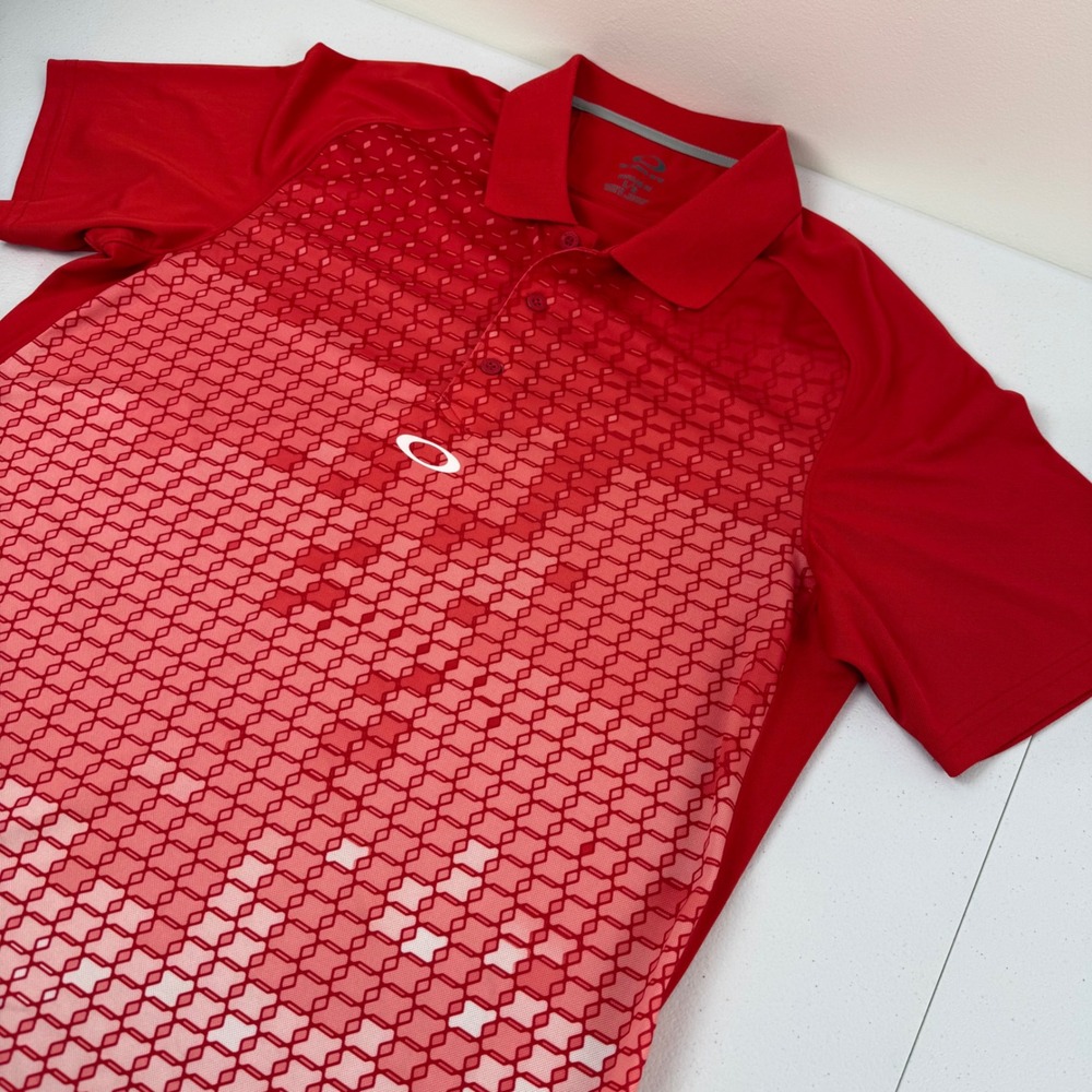Oakley Mens Red Geometric Honeycomb Gradient Golf Polo Shirt Large Regular Fit